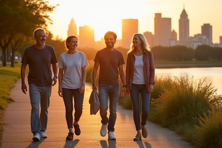 Diverse group of Austinites smiling and walking together on a path along Lady Bird Lake, embodying community and well-being.