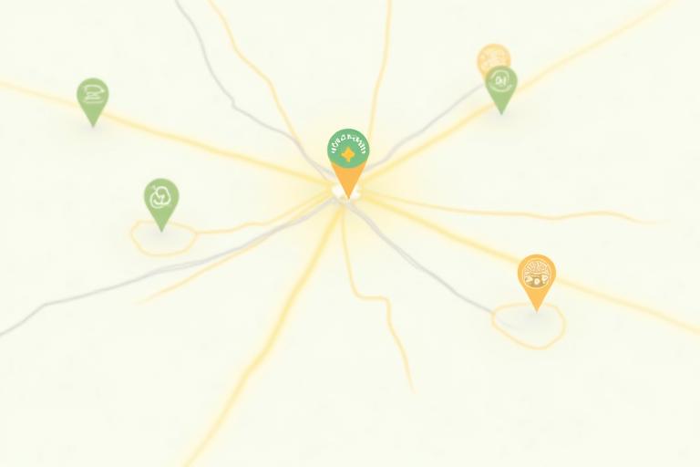 Overhead map of Austin highlighting major wellness landmarks and green spaces.