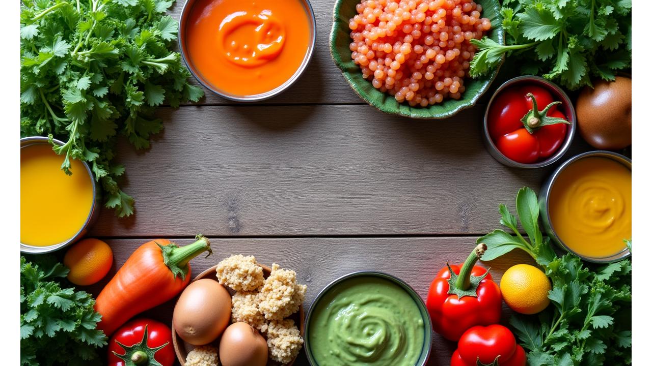 A vibrant flat lay of various healthy, colorful dishes and fresh ingredients, suggesting a rich and diverse recipe collection, all arranged appetizingly on a rustic wooden table.