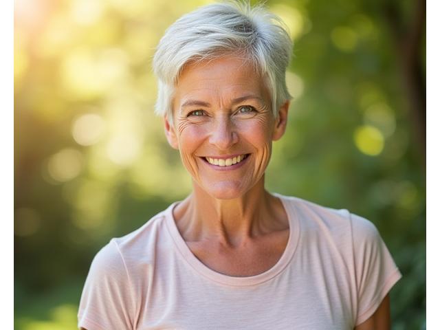 Vibrant woman in her 50s smiling confidently, reflecting health and vitality