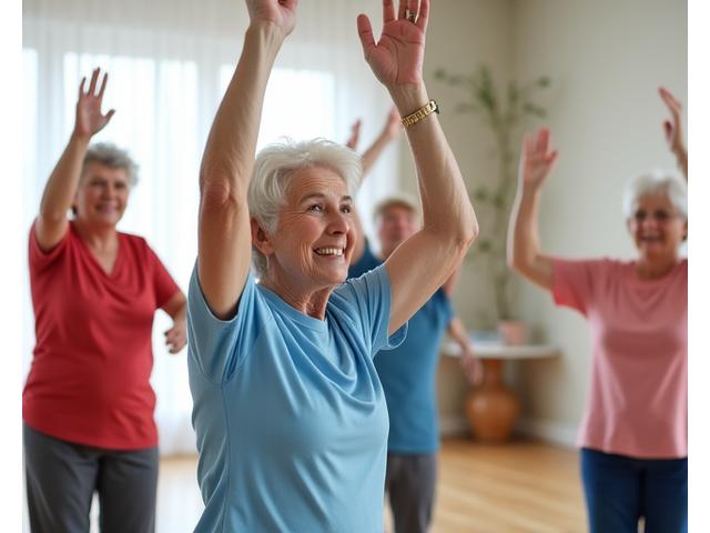 Group of active seniors participating in a gentle exercise class, smiling
