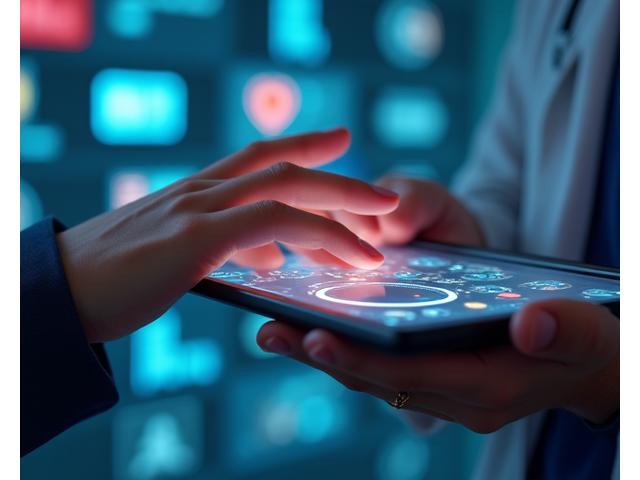 Hand adjusting a smart health tracking device, with medical icons in background