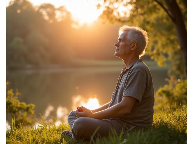 Person meditating calmly in a serene, natural environment, symbolizing peace