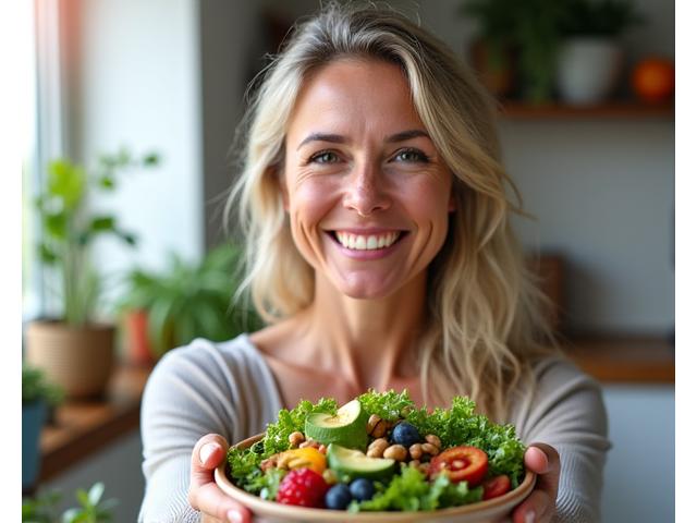Woman enjoying healthy gut-friendly meal, vibrant and happy