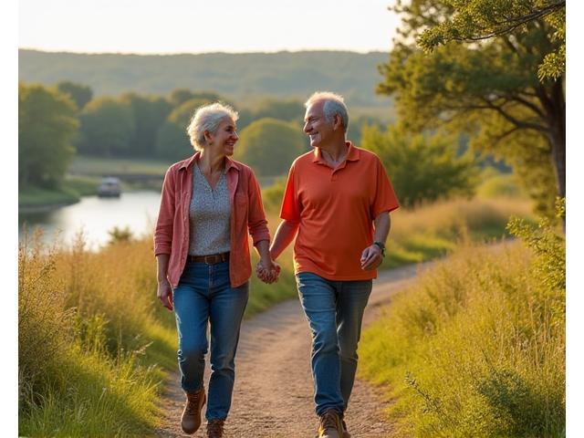 Active older couple hiking outdoors, full of vitality and joy