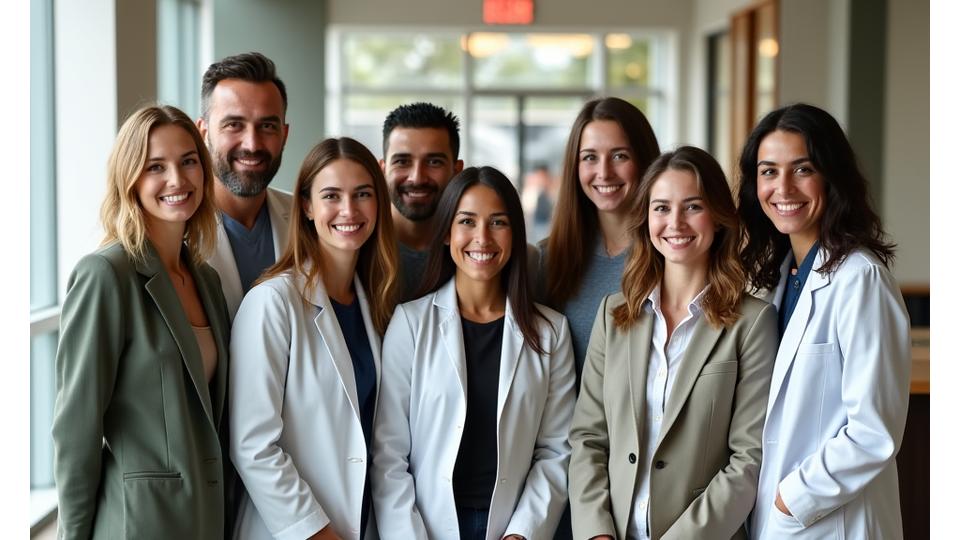 Diverse group of Vital Zenith wellness experts smiling in a modern, light-filled office