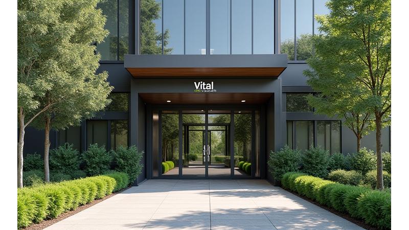 The modern and inviting exterior entrance of the Vital Zenith office building in Austin, Texas, featuring natural light and clear signage.