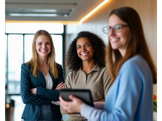 A diverse group of Vital Zenith wellness coaches and support staff smiling, looking approachable and ready to help, in a modern office environment.