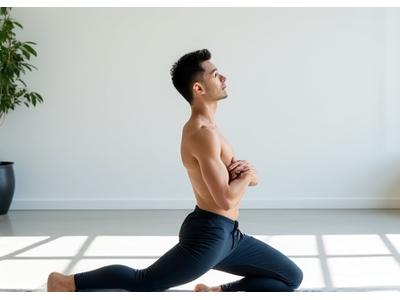 David Chen, Vital Zenith's Certified Fitness Coach, demonstrating a gentle yoga pose in a bright, minimalist studio.