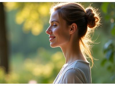 Sarah Miller, Vital Zenith's Holistic Wellness Expert, calmly meditating outdoors, surrounded by nature.
