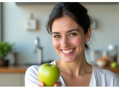 Dr. Anya Sharma, Vital Zenith's Lead Nutritionist, smiling warmly and holding a fresh green apple.