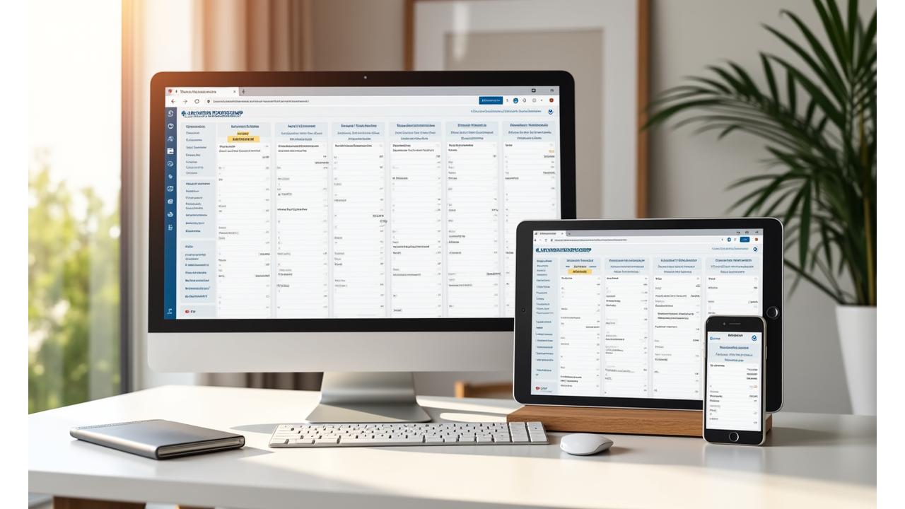 Desktop and mobile devices displaying a virtual workshop calendar interface with various wellness sessions and registration buttons